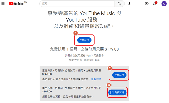 YouTube Premium價格